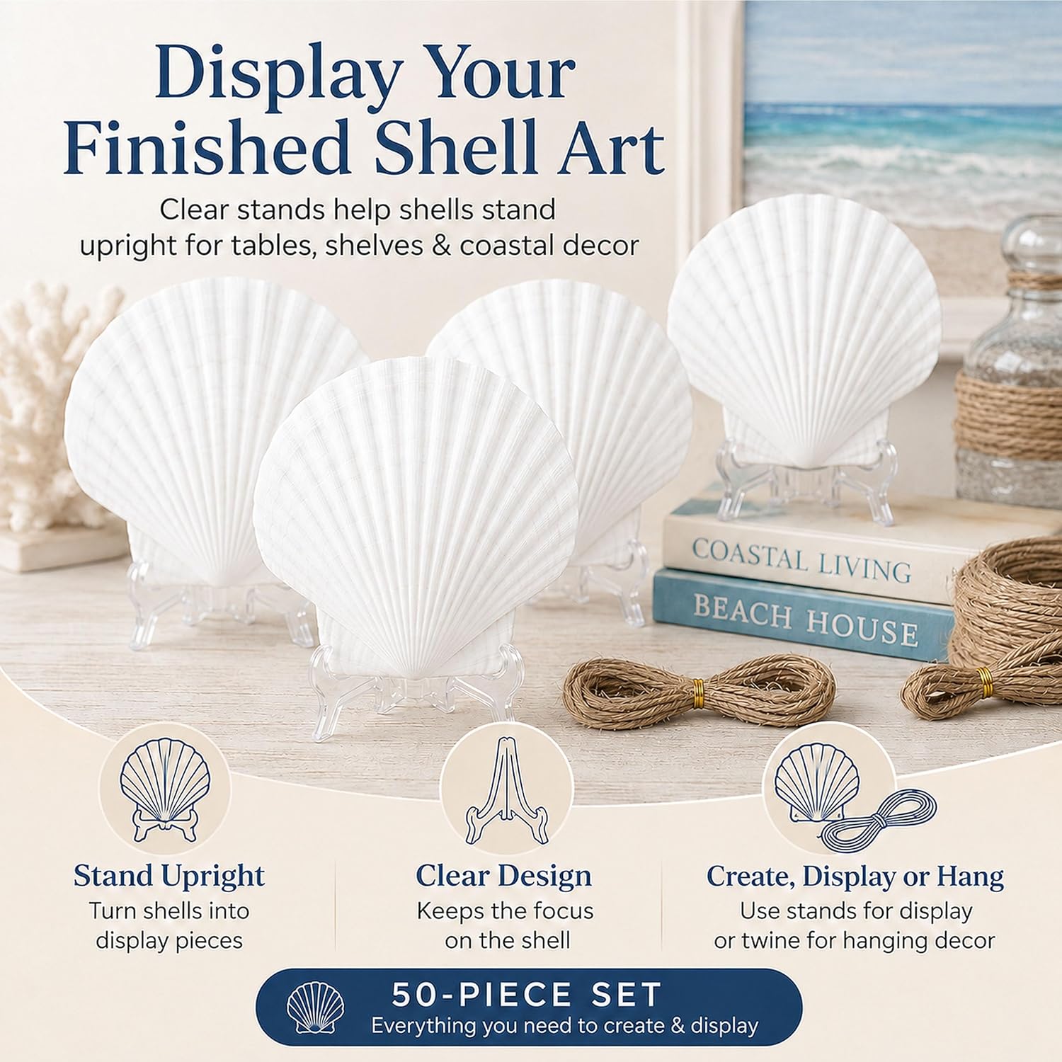 Cizavanta 50 Pack Large Scallop Shells for Crafts, 4-5 Inch Natural White Scallop Shells with 25 Clear Display Stands and Round Craft Mat, Seashells for DIY Painting, Decoupage & Coastal Decor