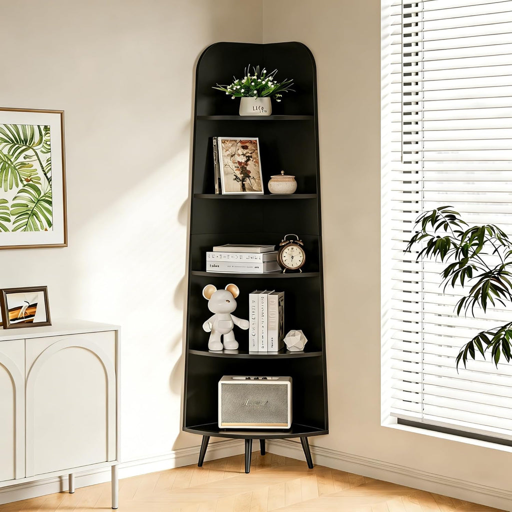 VECELO Large Tall Corner Shelf, 66.93" H 5-Tier Corner Storage Organizer, Freestanding Corner Display Rack for Living Room Bedroom Home Office, Black