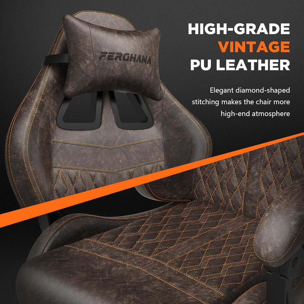 Ferghana Vintage PU Leather Gaming Chair, High Back Gamer Chair with Massage, Ergonomic Computer Office Chair with Footrest for Adults, Racing Style Reclining Video Game Chair Brown