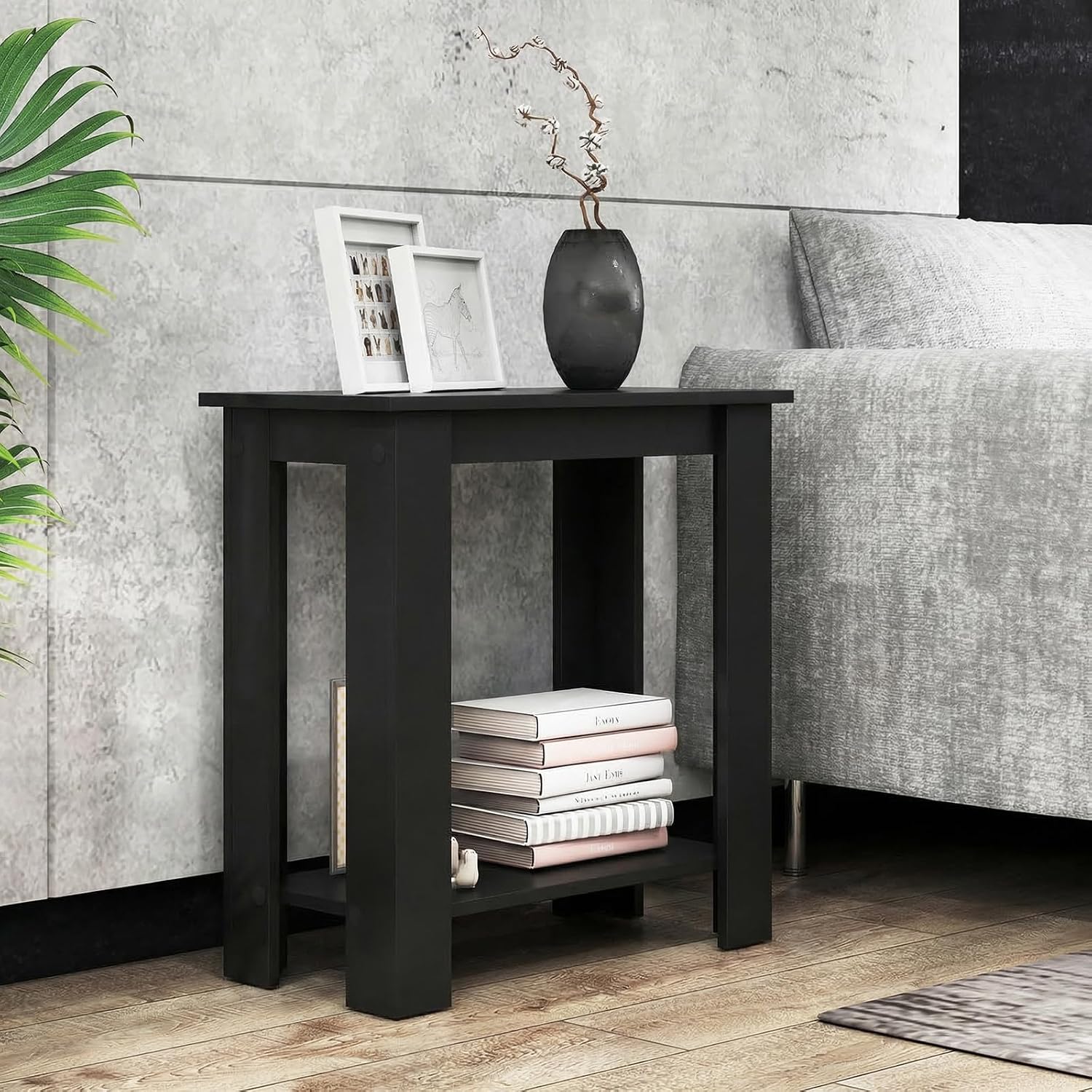 GOFLAME 24” Side Table, 2-Tier Rectangular End Table with Storage Shelf, Multipurpose Night Stand for Bedroom, Living Room, Black