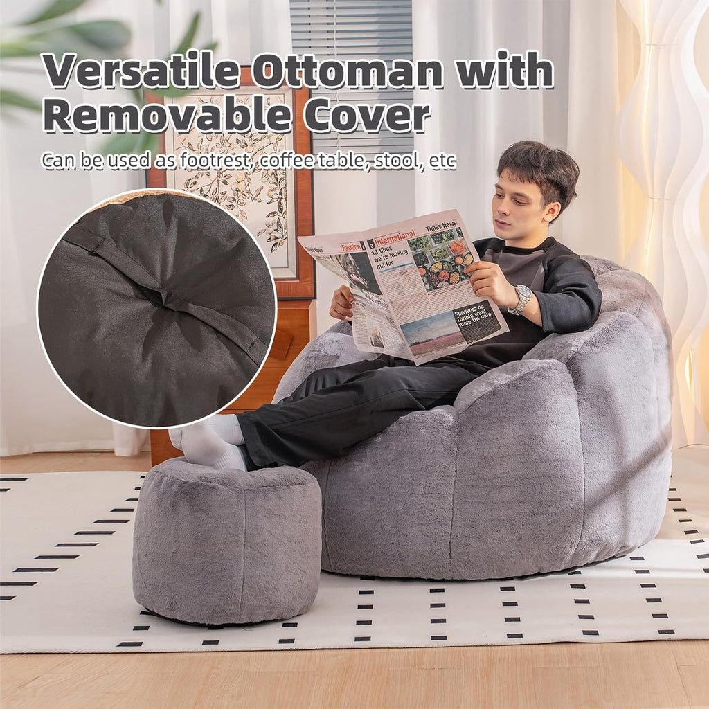 Bean Bag Chair, Bean Bag Chair with Ottoman, Stuffed Bean Bag Chairs with Filler, Big Beanbag Chairs with Filling for Living Room (Faux Fur in Gray, 40.6" D×41.4" W×27.6" H)