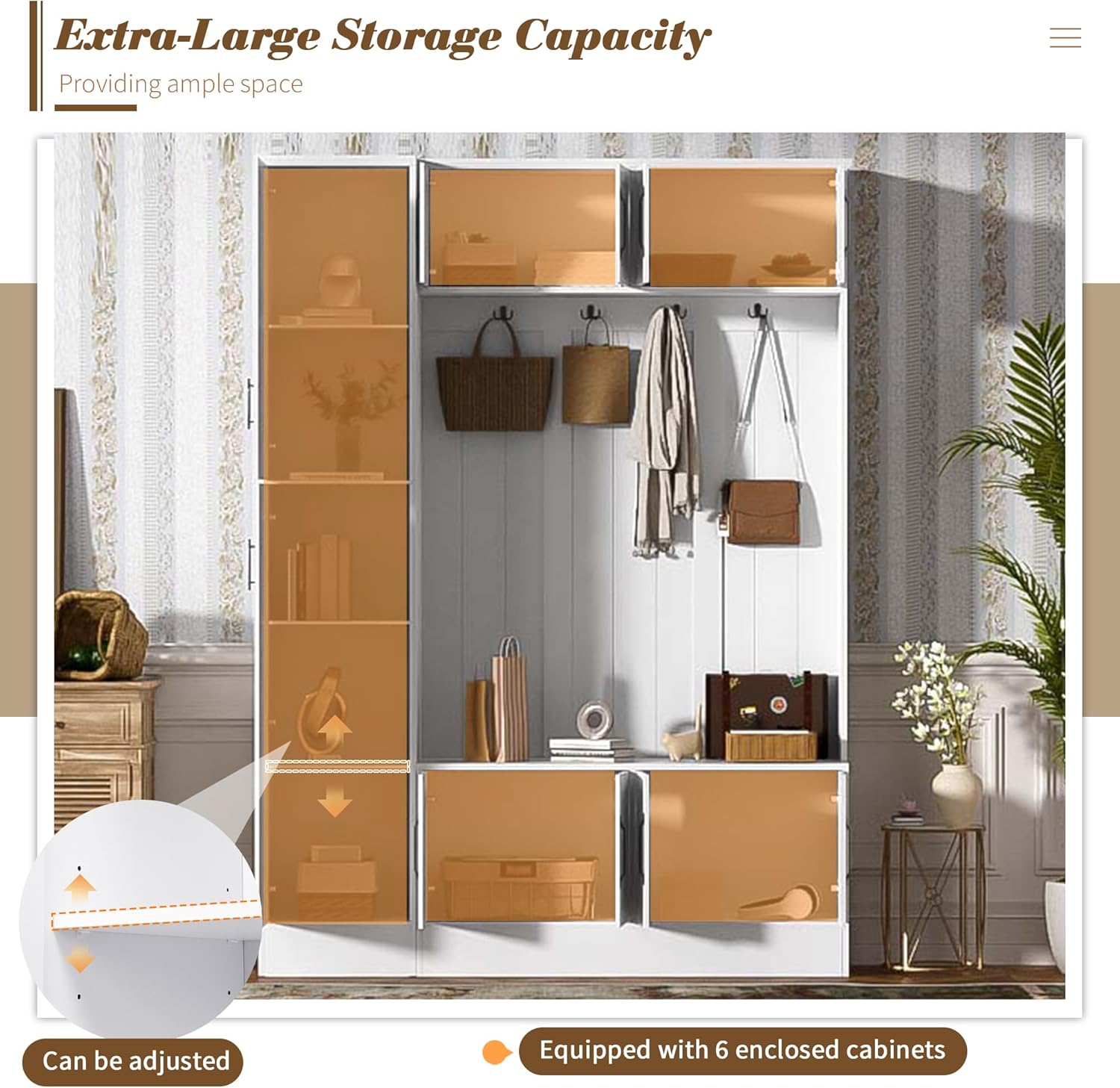 Merax Farmhouse Wood Hall Tree with Shoe Bench & 6 Cabinets, 4-in-1 Coat Rack with 4 Hooks & Adjustable Shelves, Entryway Storage Organizer Cabinet for Entrance, Hallway, Mudroom White