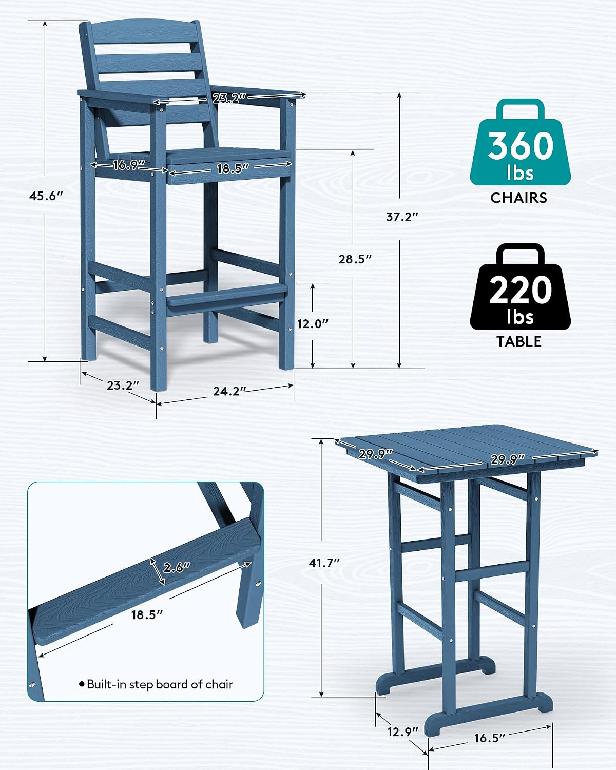 SERWALL 3 Pcs HDPE Bar Height Adirondack Chairs and Table Set, Blue