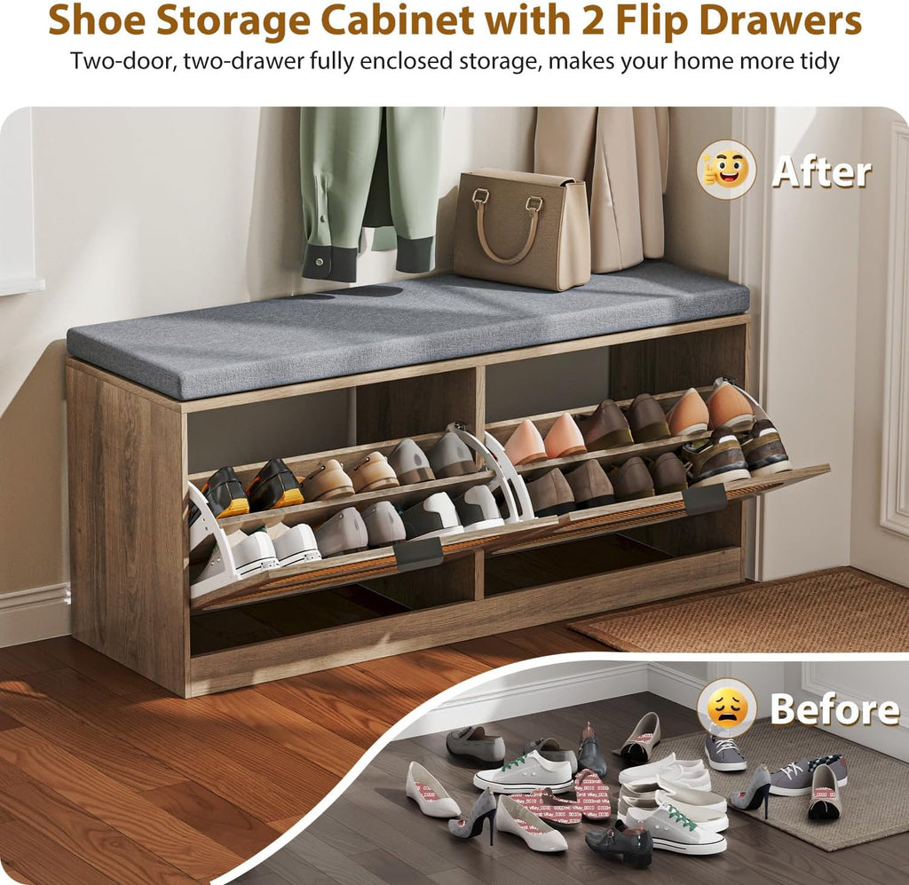 Rattan Storage Bench with Cushion & Coat Rack, Shoe Rack with 2 Flip Drawers, Narrow Shoe Storage Cabinet, Shoe Bench for Entryway, Living Room, Rustic Oak, Oval