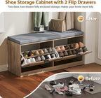 Rattan Storage Bench with Cushion & Coat Rack, Shoe Rack with 2 Flip Drawers, Narrow Shoe Storage Cabinet, Shoe Bench for Entryway, Living Room, Rustic Oak, Oval