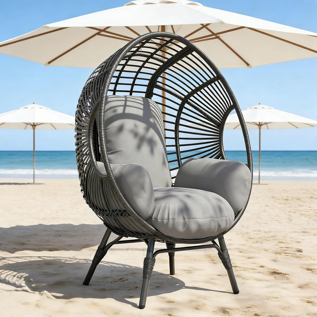Balcony Chairs Egg Wicker, 400lbs Capacity, Indoor Outdoor Use, 8-Inch Soft Cushion(Black+Gray)