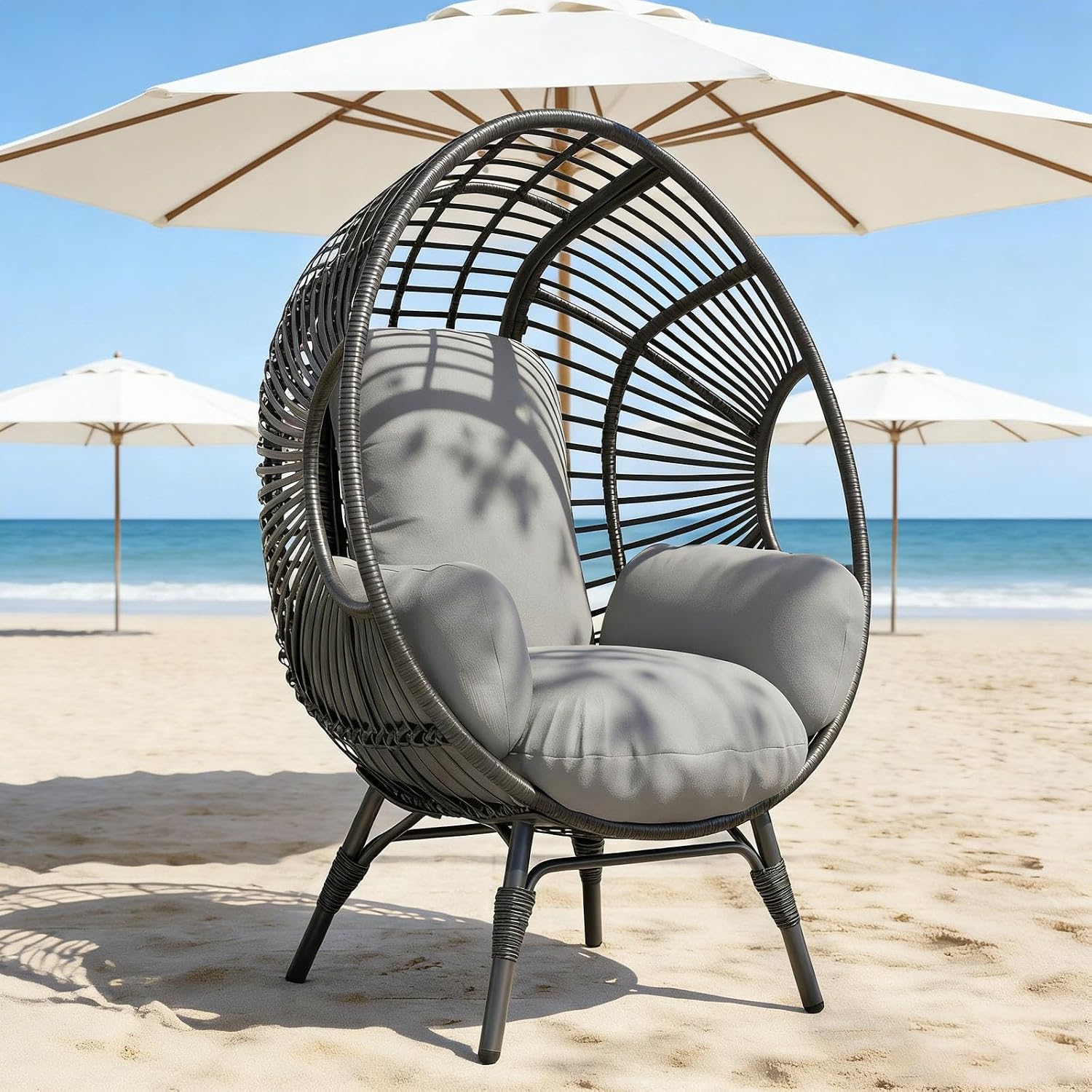 Balcony Chairs Egg Wicker, 400lbs Capacity, Indoor Outdoor Use, 8-Inch Soft Cushion(Black+Gray)