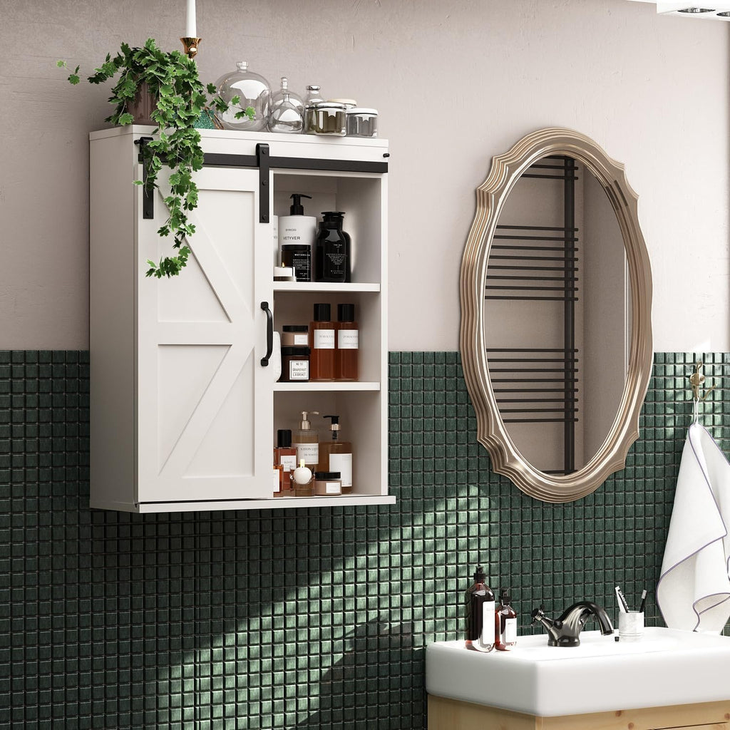 RUSTOWN Farmhouse Wood Wall Storage Bathroom Cabinet with Sliding Barn Door, Rustic Medicine Cabinet with Adjustable Shelf, 3-Tier Vintage Cabinet for Kitchen, Bathroom, Living Room (Vintage White)
