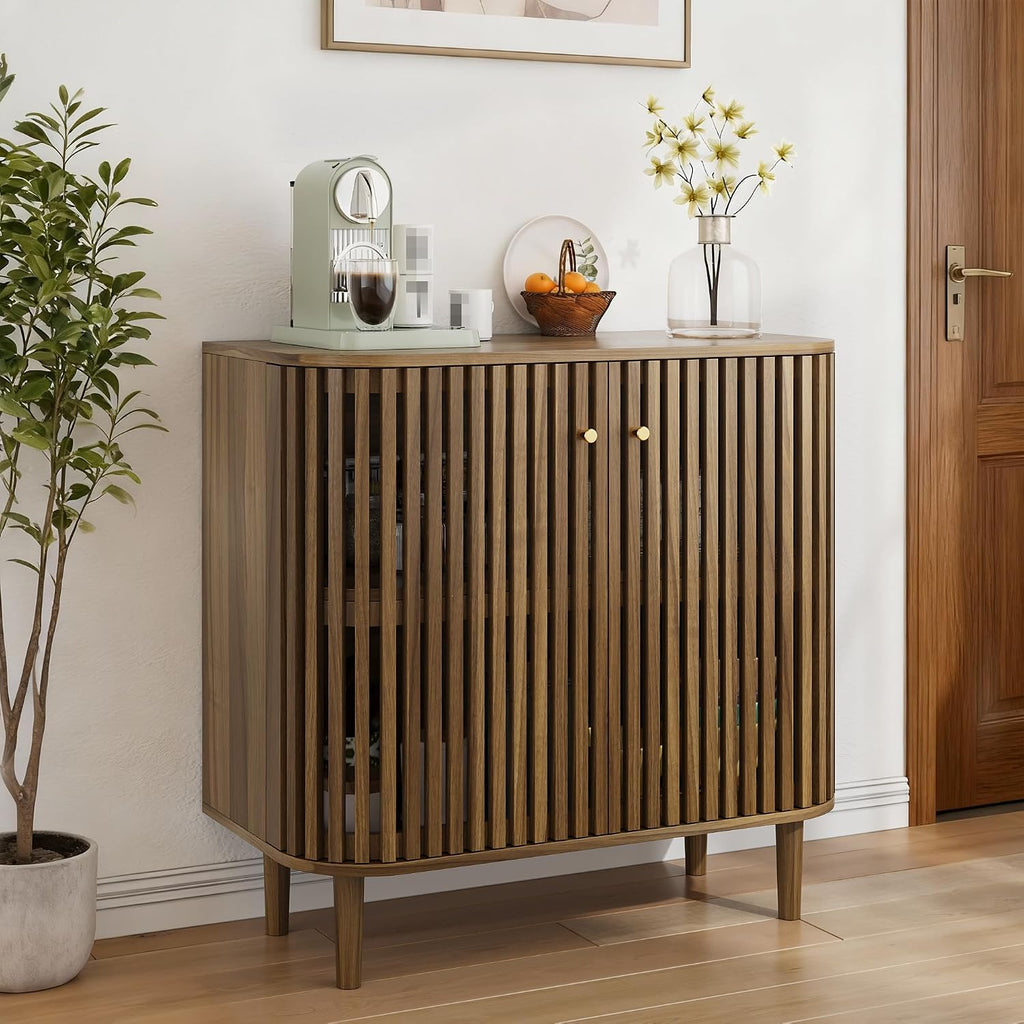 Smuxee Walnut Sideboard Cabinet with Unique Grille Stripe Design, Freestanding Buffet Cabinet with Curved Edge Design, Wood Storage Cabinet for Living Room, Entryway, Hallway