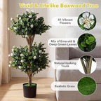 Goplus 3 FT Artificial Double Ball Boxwood Topiary Trees, Set of 2 Faux Bush Plant w/41 Blossoms, Cement-Filled Plastic Pot, Sun-Proof Indoor Outdoor Fake Greenery for Porch Home Decoration (White)
