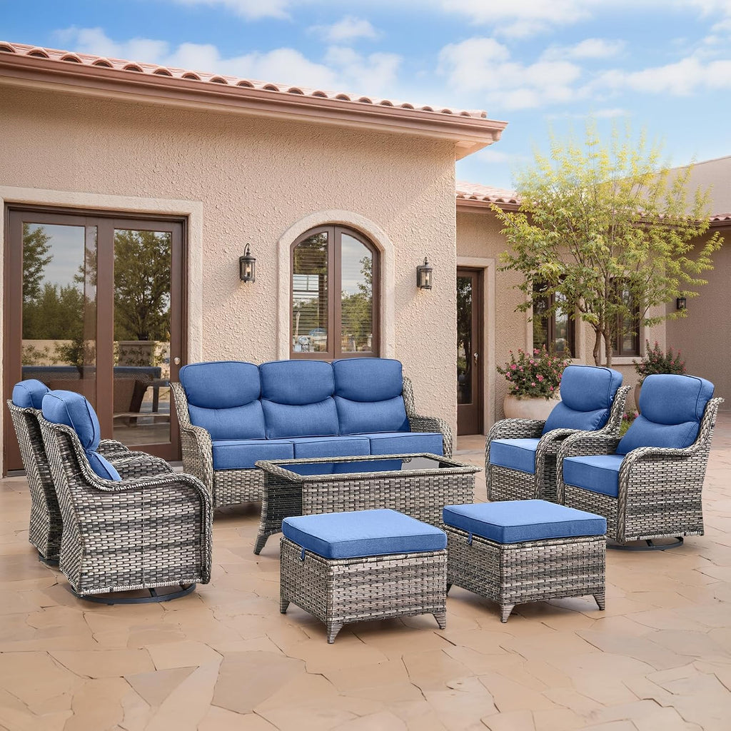 Swivel Patio Chairs sofa Set of 4 with 6" Thick Cushion - Wicker Outdoor Swivel Rocker Patio Chair ,Sofa/Glass coffee table, High Back Comfortable Outdoor Glider Chairs - Grey Wicker | Blue Cushions