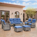 Swivel Patio Chairs sofa Set of 4 with 6" Thick Cushion - Wicker Outdoor Swivel Rocker Patio Chair ,Sofa/Glass coffee table, High Back Comfortable Outdoor Glider Chairs - Grey Wicker | Blue Cushions