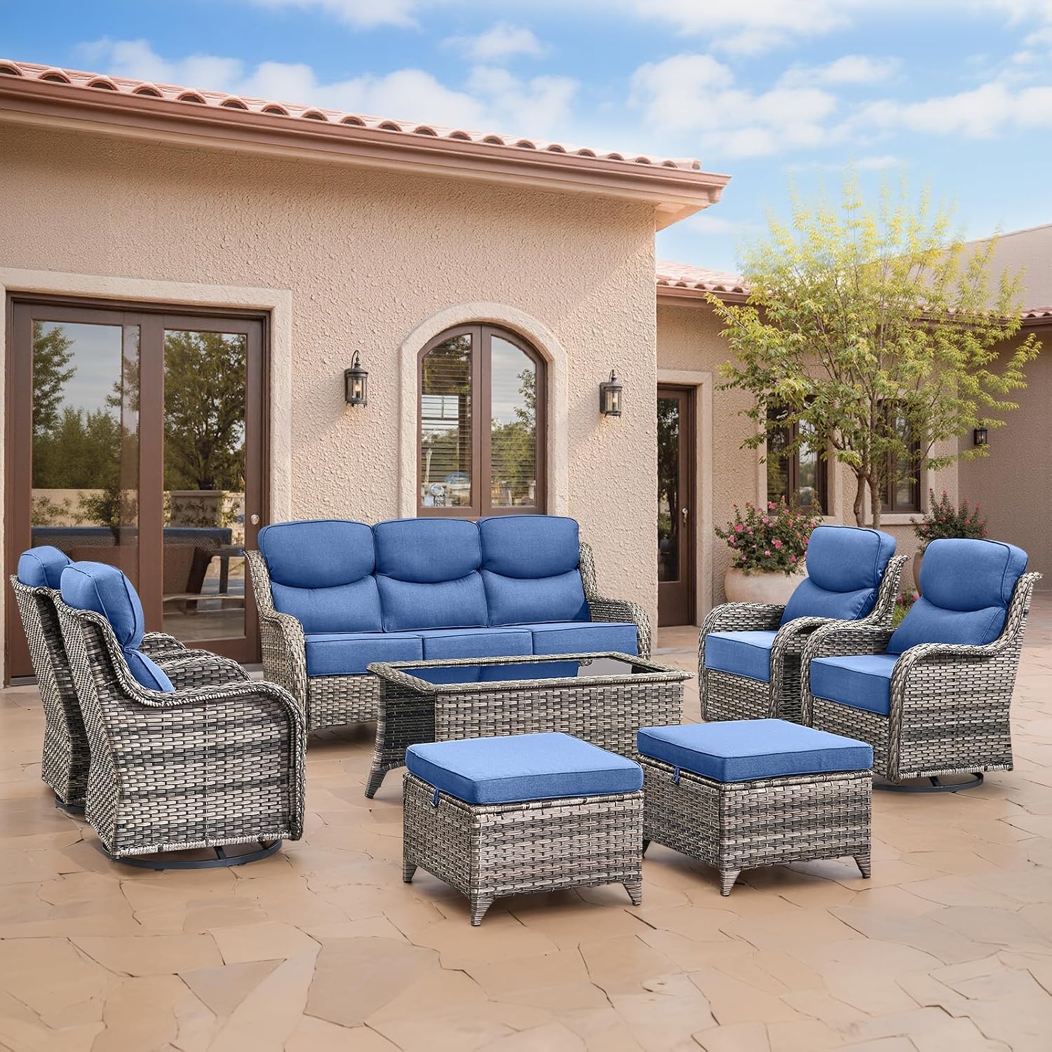 Swivel Patio Chairs sofa Set of 4 with 6" Thick Cushion - Wicker Outdoor Swivel Rocker Patio Chair ,Sofa/Glass coffee table, High Back Comfortable Outdoor Glider Chairs - Grey Wicker | Blue Cushions