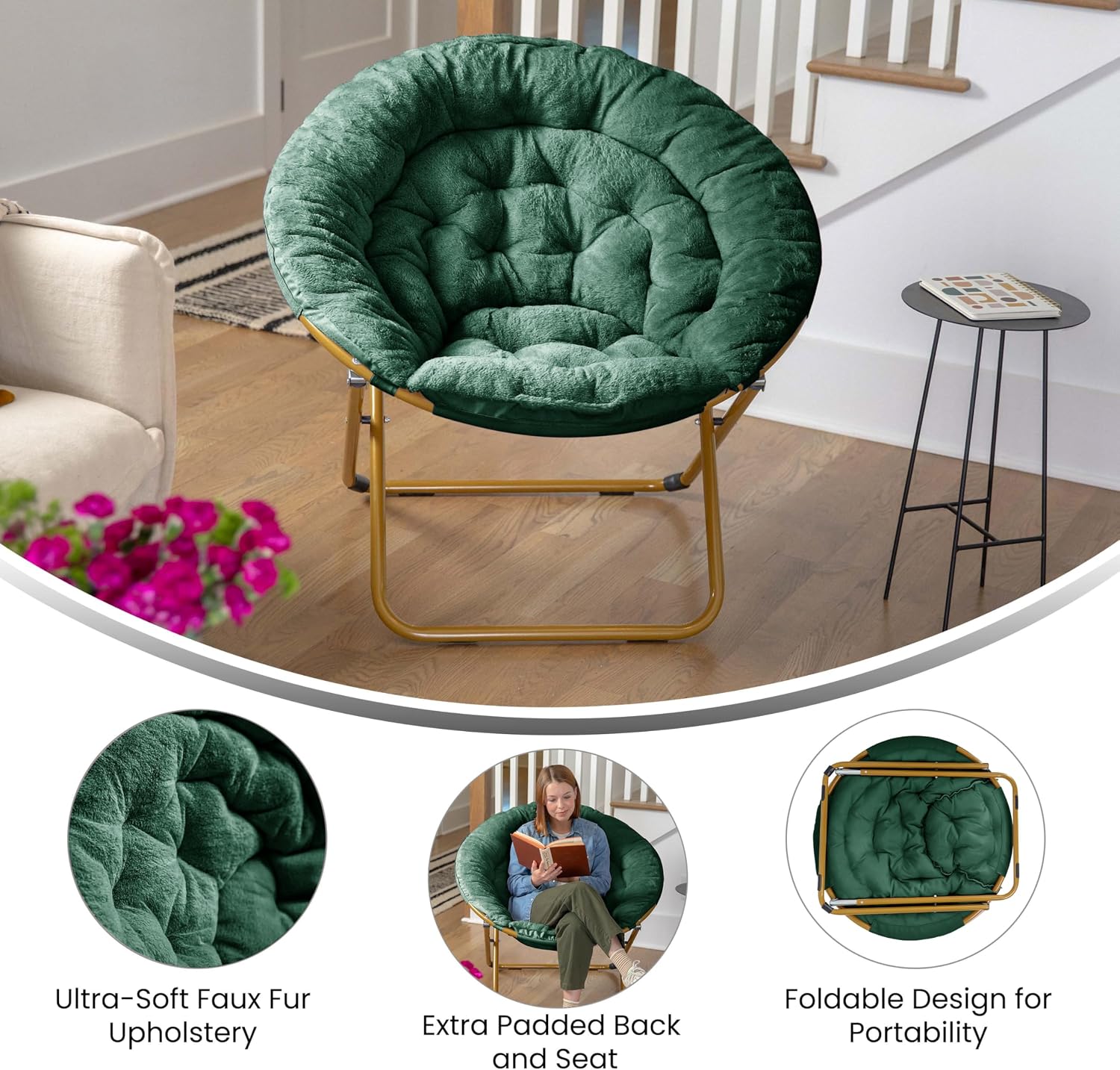 EMMA + OLIVER Ersa Oversize Folding Saucer Chair - Emerald Faux Fur Moon Chair - Soft Gold Metal Frame - 38" Portable Folding Chair - for Dorm and Bedroom