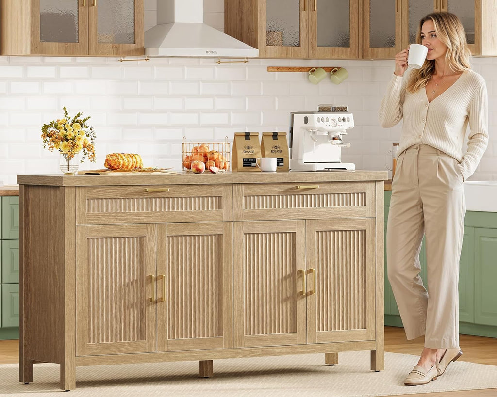 usikey Buffet Cabinet with Storage, 63” W Fluted Sideboard Cabinet with 2 Drawers & Adjustable Shelves, Coffee Bar with 4 Doors, Natural