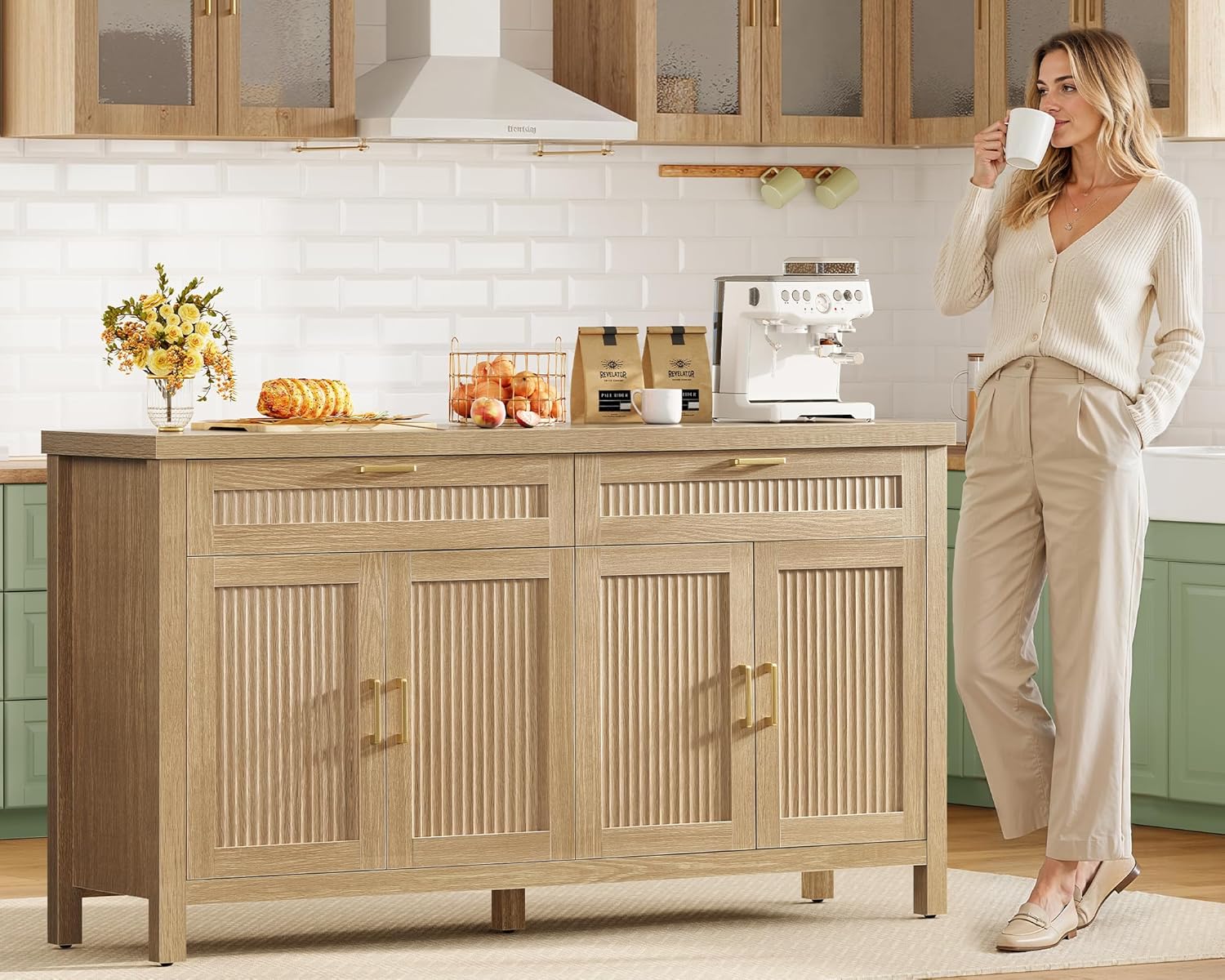 usikey Buffet Cabinet with Storage, 63” W Fluted Sideboard Cabinet with 2 Drawers & Adjustable Shelves, Coffee Bar with 4 Doors, Natural