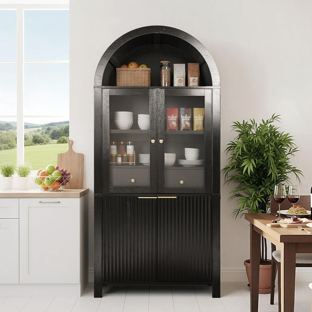 ZeHuoGe Fluted Tall Arched Pantry Cabinet with Adjustable Shelves, Elegant Display Storage with Hidden Drawer & Glass Door for Kitchen, Living Room, Dining Room (Black)