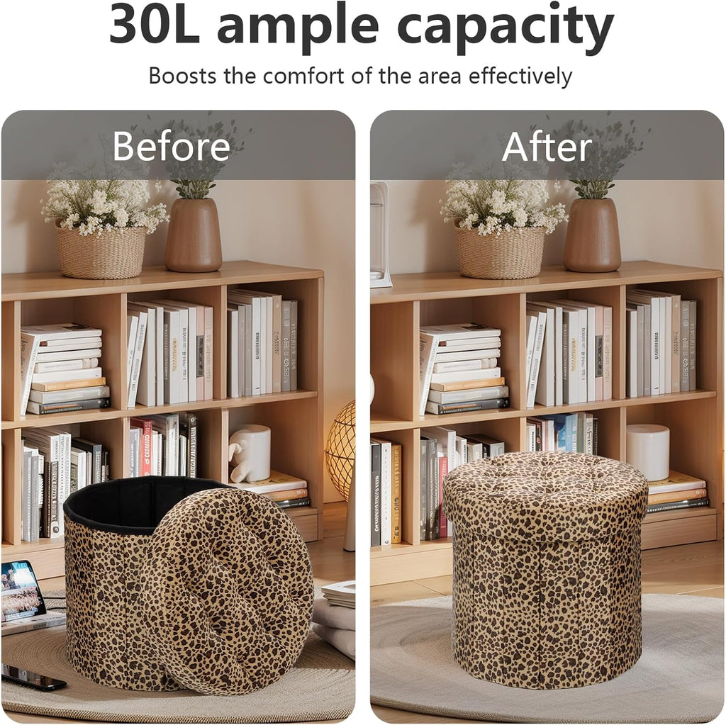 AmasSmile Storage Ottoman Folding Foot Rest Stool, 14x14x13 inch Small Velvet Footstool Bench, Short Ottoman Bench, Storage Foot Rest Store, Blanket Chest, Leopard Print