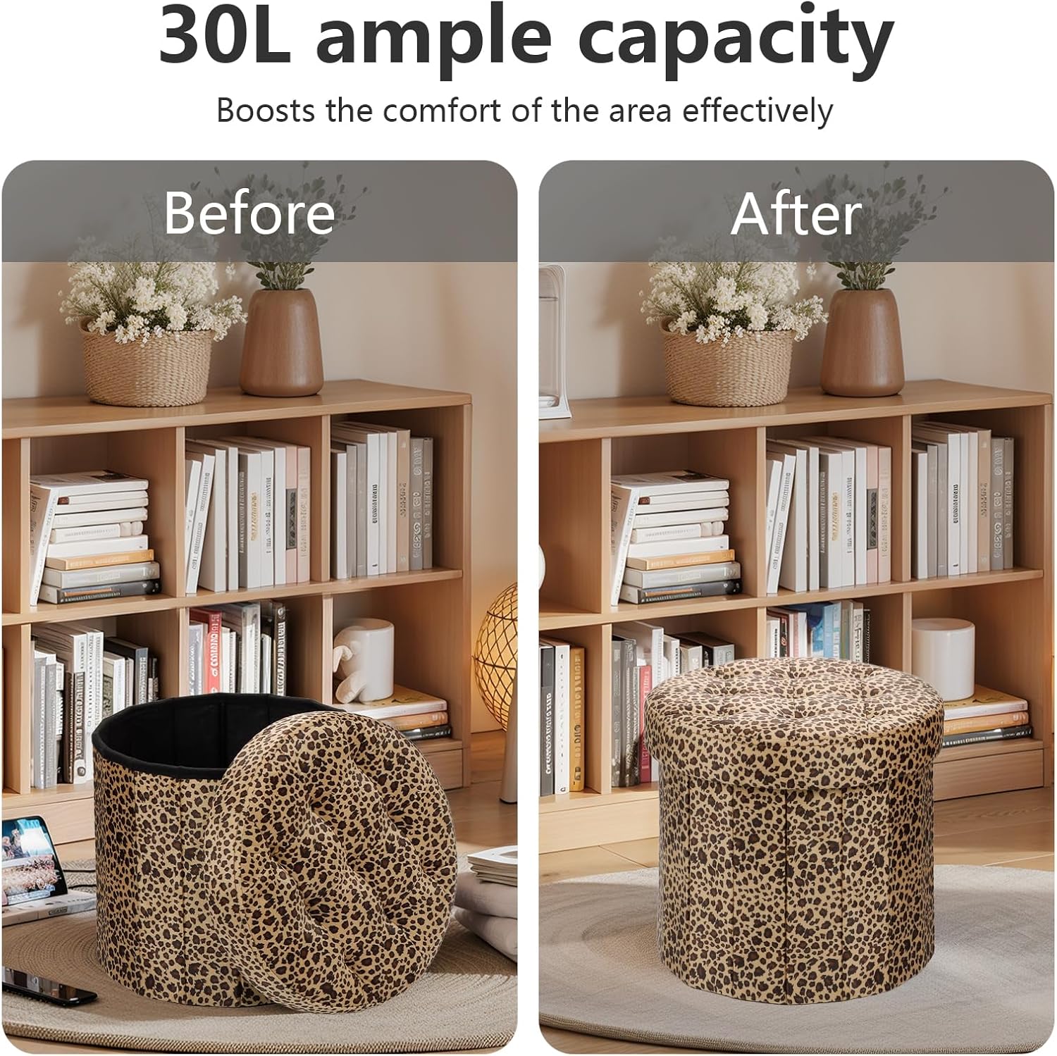 AmasSmile Storage Ottoman Folding Foot Rest Stool, 14x14x13 inch Small Velvet Footstool Bench, Short Ottoman Bench, Storage Foot Rest Store, Blanket Chest, Leopard Print