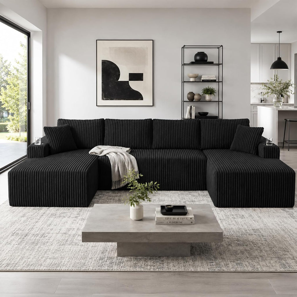 ivoros 125" Cloud Couch Sectional, Modular Sofa with Cup Holder and Storage Pocket, Corduroy U Shaped Boneless Sofas, Couch in a Box, No Assembly Required, Black Couches for Living Room