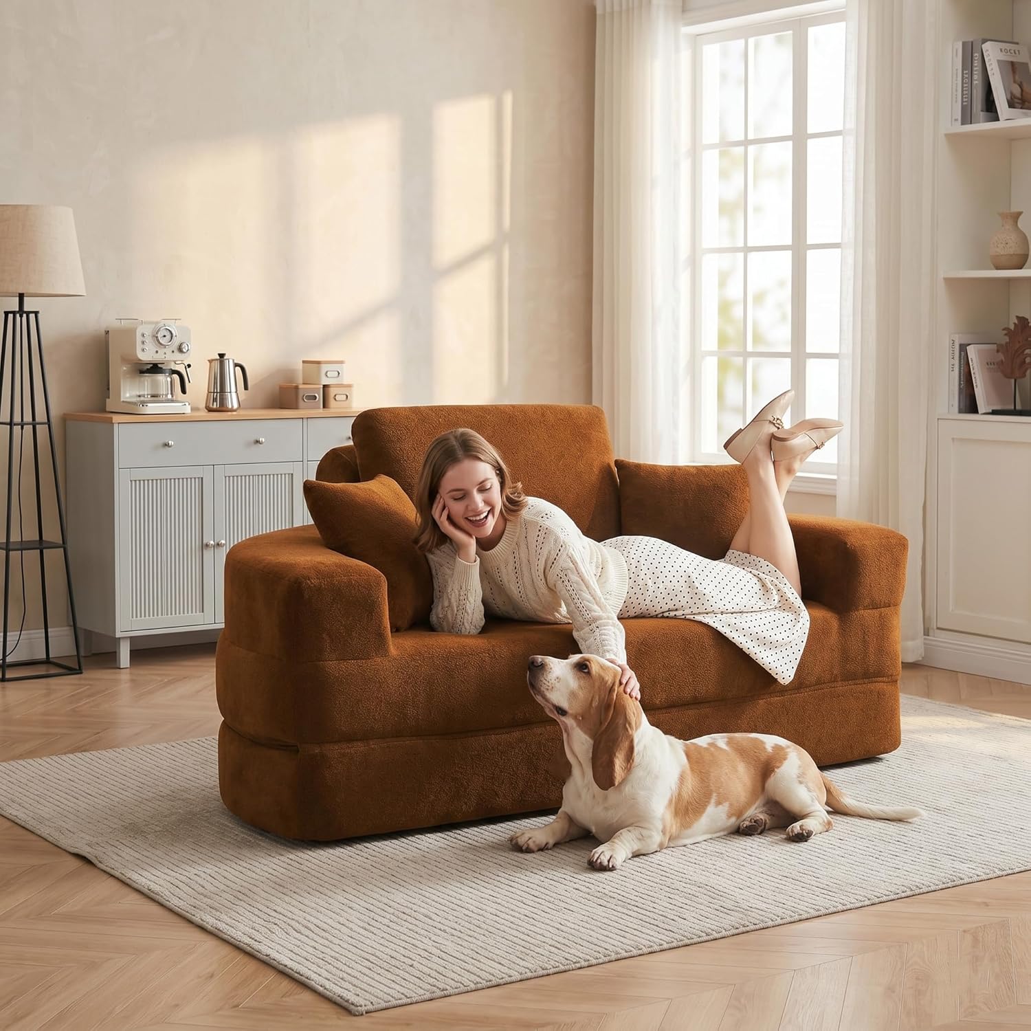 Mofolit 71 Inch Round Convertible Sofa Bed, Boneless Folding Floor Couch No Assembly Needed for Living Room, Apartment & Office (1, Orange, 71")