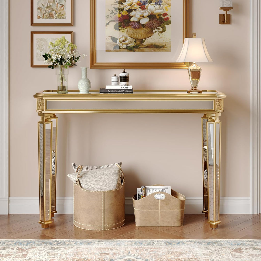 Gold Mirrored Console Table, 48" Rectangle Glass Sofa Table with Mirrored Vintage Carved Elements,Modern Luxury Mirror Furniture for Living Room Foyer Entrance Entryweay Hallway