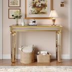 Gold Mirrored Console Table, 48" Rectangle Glass Sofa Table with Mirrored Vintage Carved Elements,Modern Luxury Mirror Furniture for Living Room Foyer Entrance Entryweay Hallway