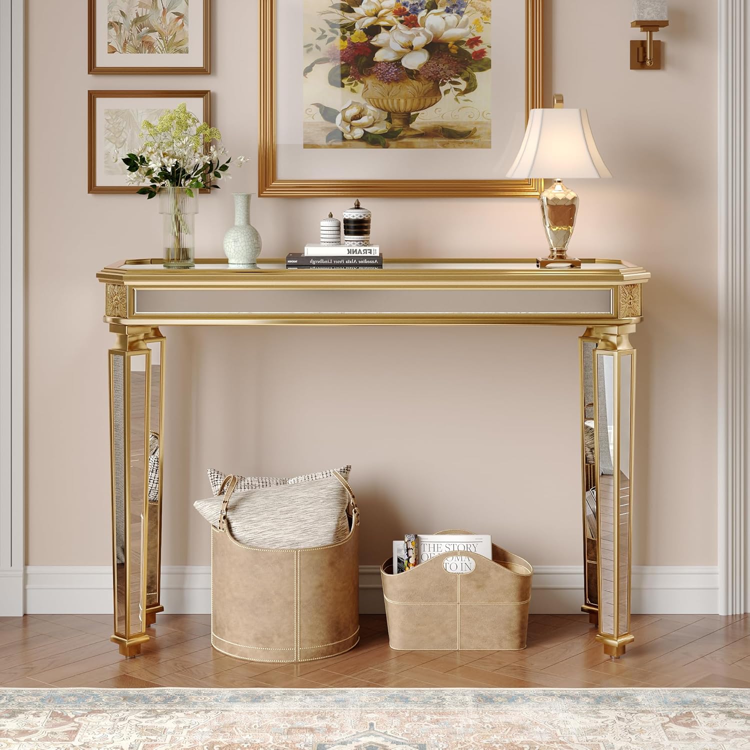 Gold Mirrored Console Table, 48" Rectangle Glass Sofa Table with Mirrored Vintage Carved Elements,Modern Luxury Mirror Furniture for Living Room Foyer Entrance Entryweay Hallway