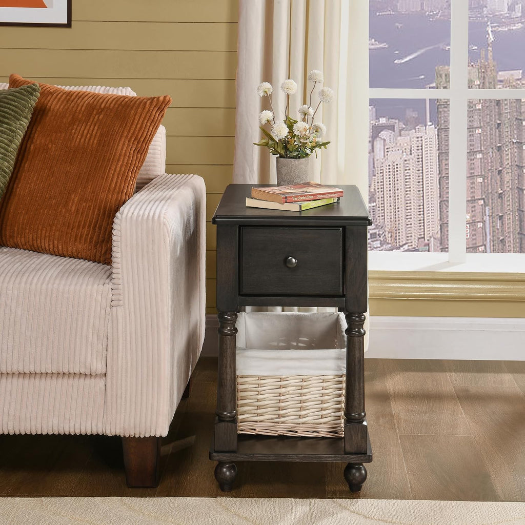 Narrow End Side Table with Drawer and Storage Shelf Set of 2, Solid Wood Sofa Tables, Slim Beside Table for Small Spaces, Living Room, 22"L x 13"W x 22.3"H No-tools Assembly Vintage Black BBJ004BK
