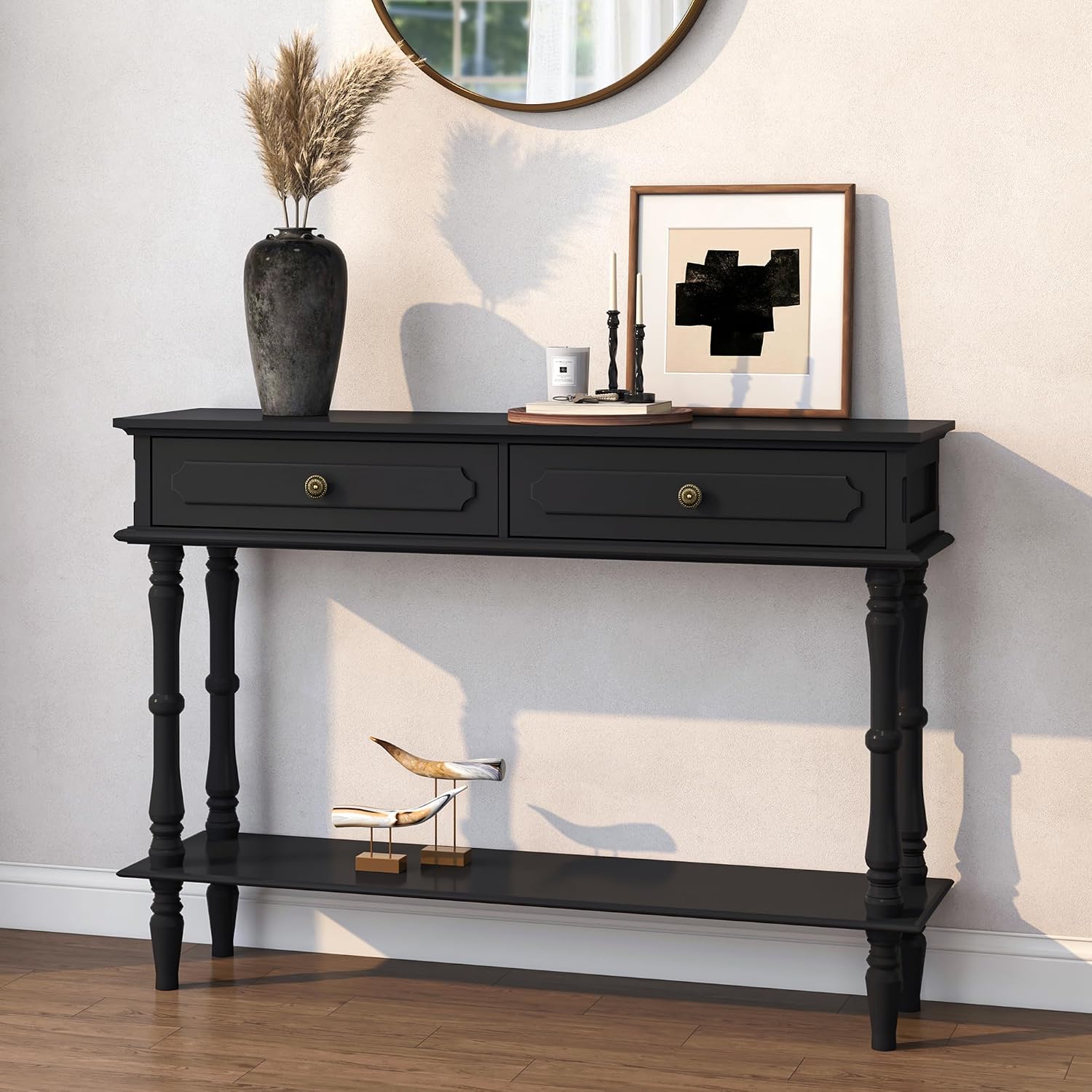 Console Table with 2 Drawers & Open Shelf, Black Retro Entryway Table with Storage Cabinets, Narrow Long Couch Table Behind Sofa for Living Room, Foyer, Hallway