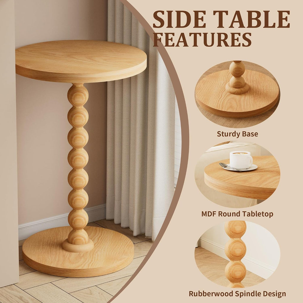 Round Side Table, Drink Table for Small Spaces, Modern Accent Nightstand with Rubberwood Leg for Living Room, Bedroom, Corners, and Office (1, Dark Natural)