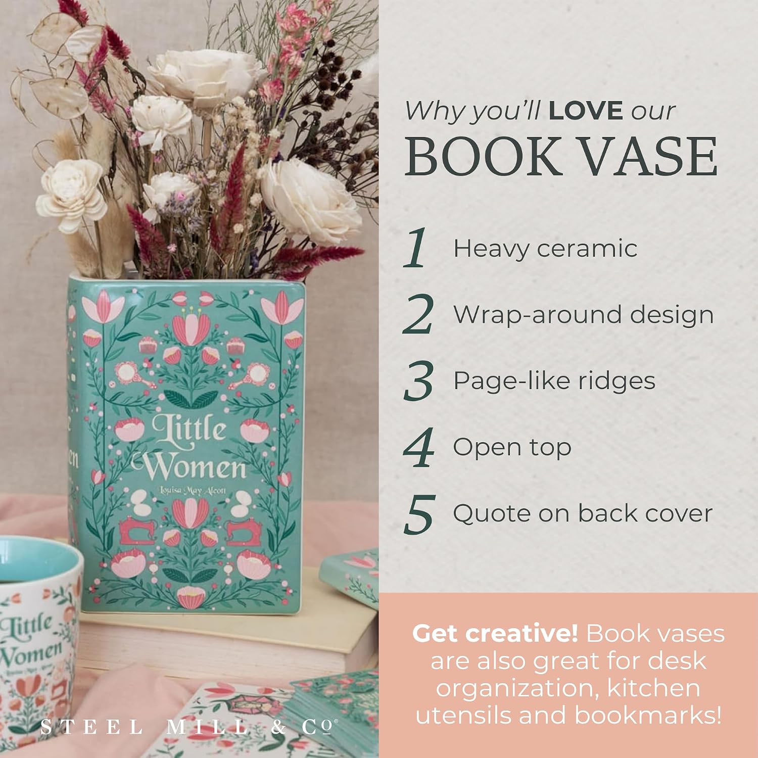 Steel Mill & Co Original Large Book-Shaped Decorative Vase, Ceramic Vases for Home Decor, Cute Bookshelf Decor, Unique Vase for Book Lovers, Little Women
