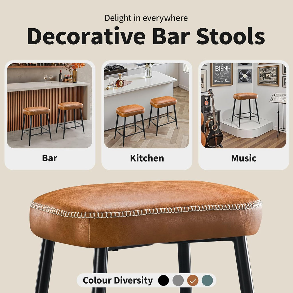 STOOLINK 24 Inch Bar Stools Set of 2, Counter Height Bar Stool for Kitchen Island, Metal Bar Stools for Counter, Modern Kitchen Stools with Sturdy Metal Base and Adjustable Foot Pins, Brown