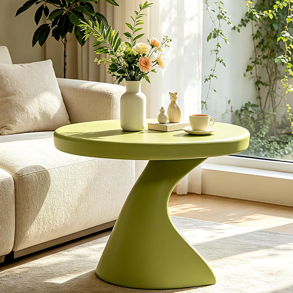 16" Modern Z-Shaped Round Side Table, Matcha Green Accent End Table, Unique PE Small Coffee Table for Living Room Bedroom, No Assembly Indoor/Outdoor Nightstand