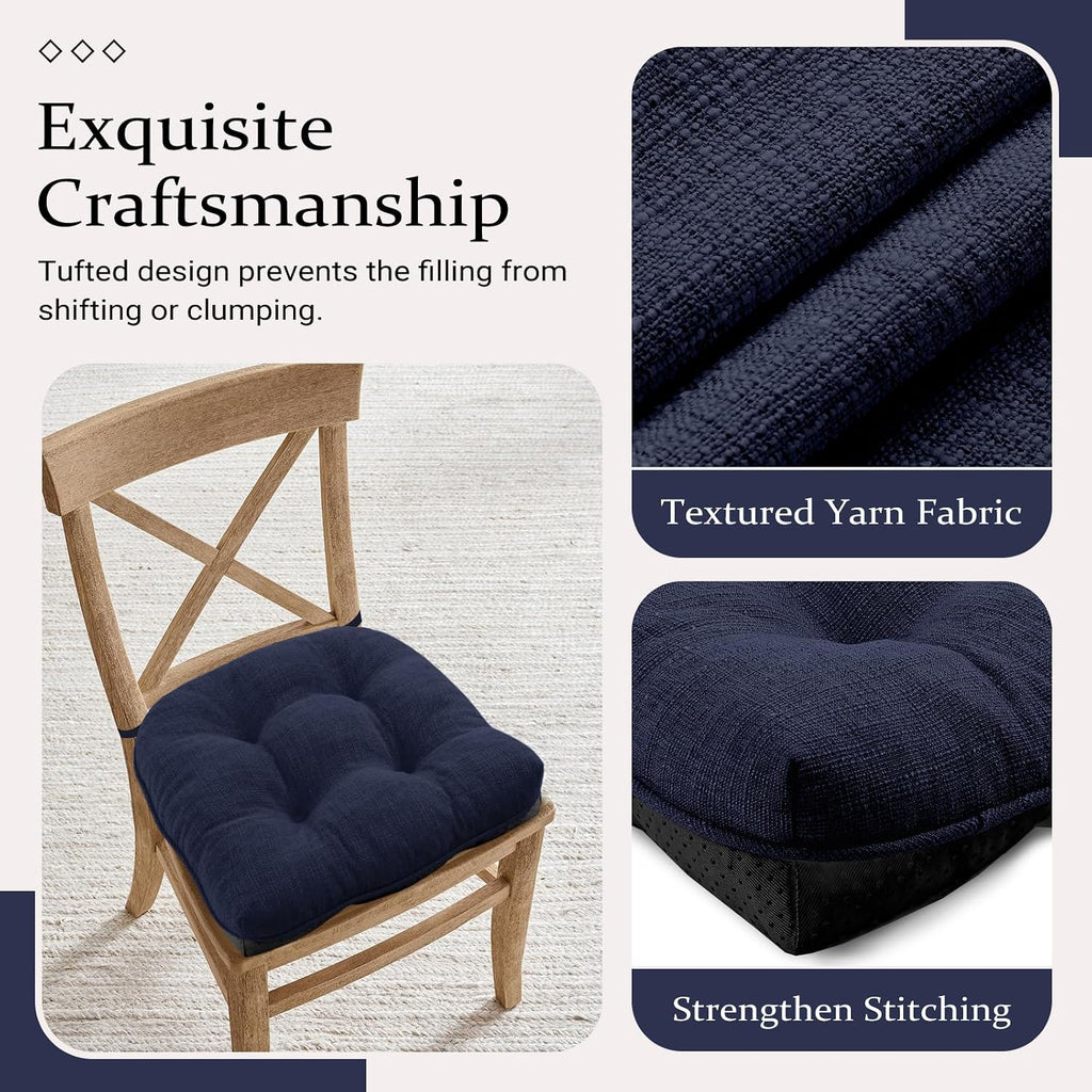 Wellsin Chair Cushions for Dining Chairs, Non-Slip Kitchen Chair Pads with Ties, Tufted Shredded Foam Kitchen Chair Cushions Set of 4, 15.5" X 15.5", Navy