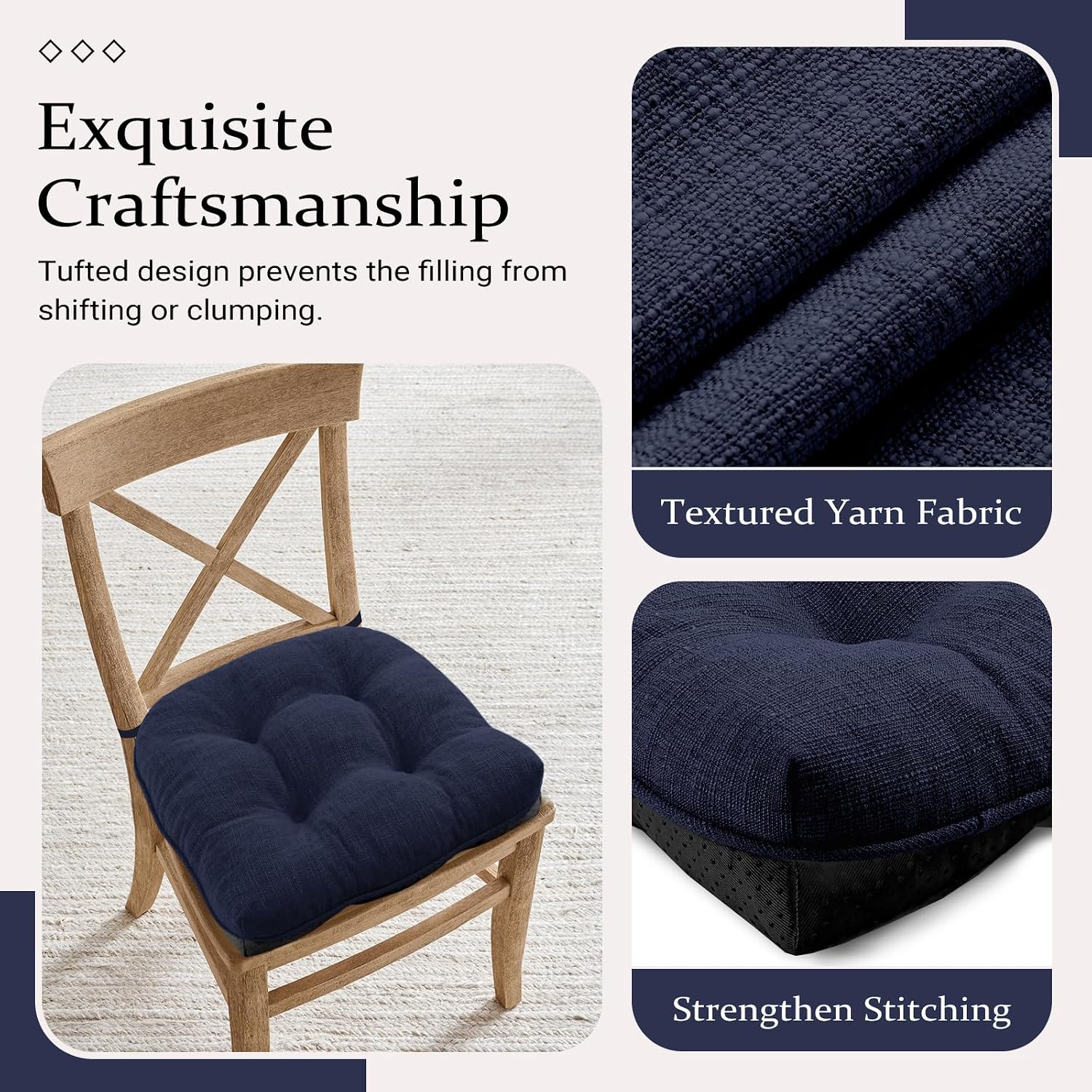 Wellsin Chair Cushions for Dining Chairs, Non-Slip Kitchen Chair Pads with Ties, Tufted Shredded Foam Kitchen Chair Cushions Set of 4, 15.5" X 15.5", Navy