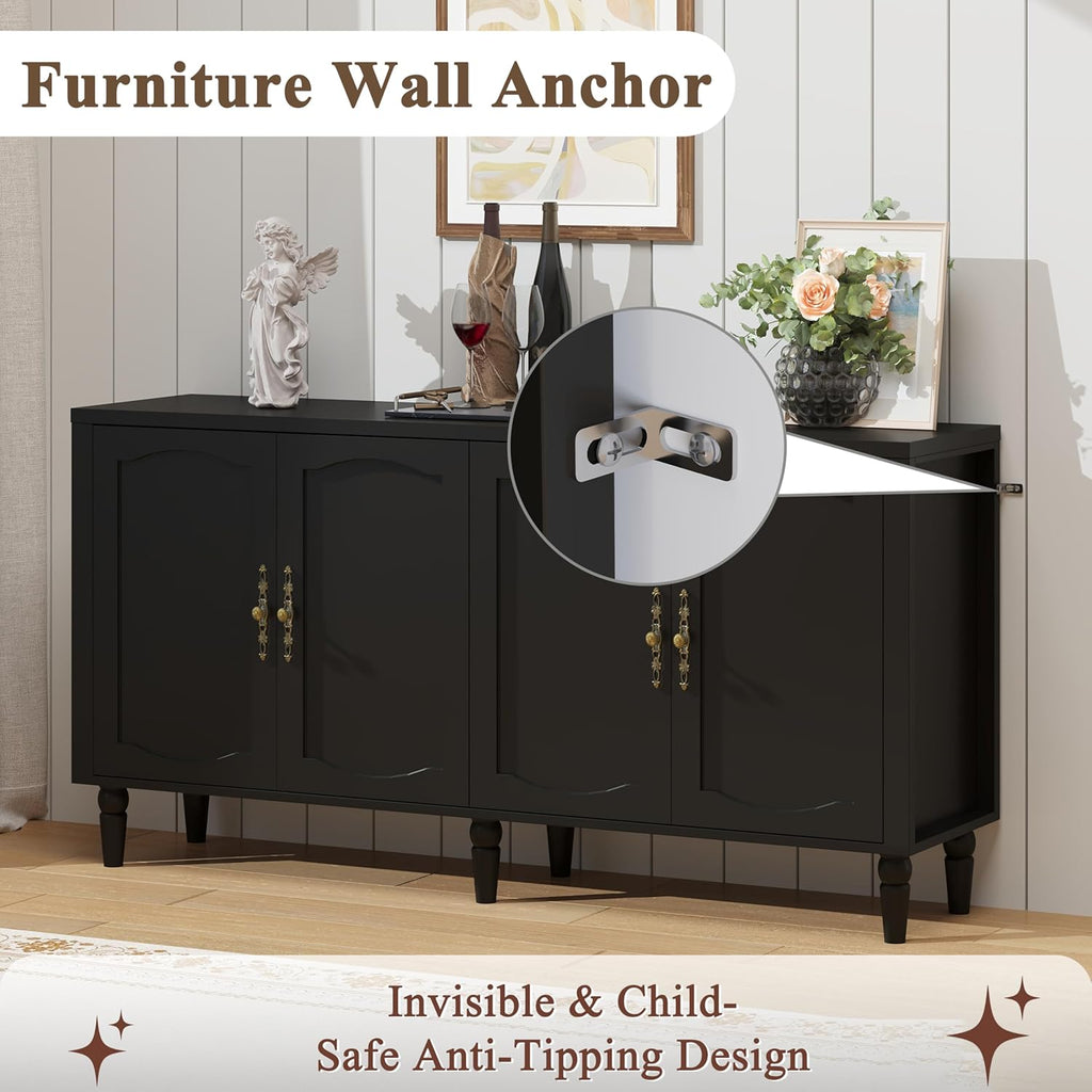 fineway 63" Sideboard Buffet Cabinet, Mid Century Modern Credenza Storage Cabinet with Adjustable Shelves & Carved Handles, Large Kitchen Buffet Table Coffee Bar for Dining Room & Living Room - Black