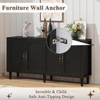 fineway 63" Sideboard Buffet Cabinet, Mid Century Modern Credenza Storage Cabinet with Adjustable Shelves & Carved Handles, Large Kitchen Buffet Table Coffee Bar for Dining Room & Living Room - Black