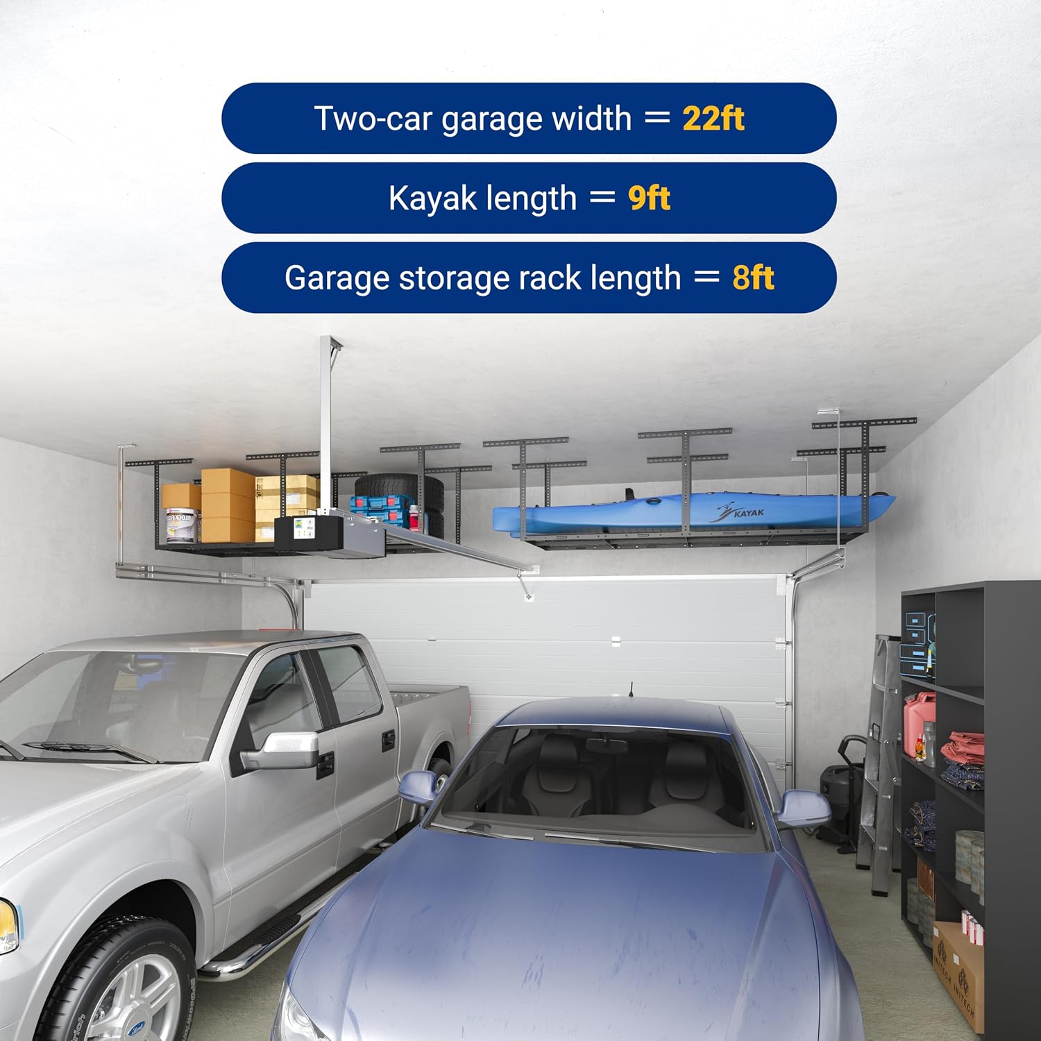FLEXIMOUNTS 3x8 Overhead Garage Ceiling Storage Rack, Adjustable Garage Organization System, Heavy Duty Metal, 750lbs Weight Capacity, Hammertone, Classic Series