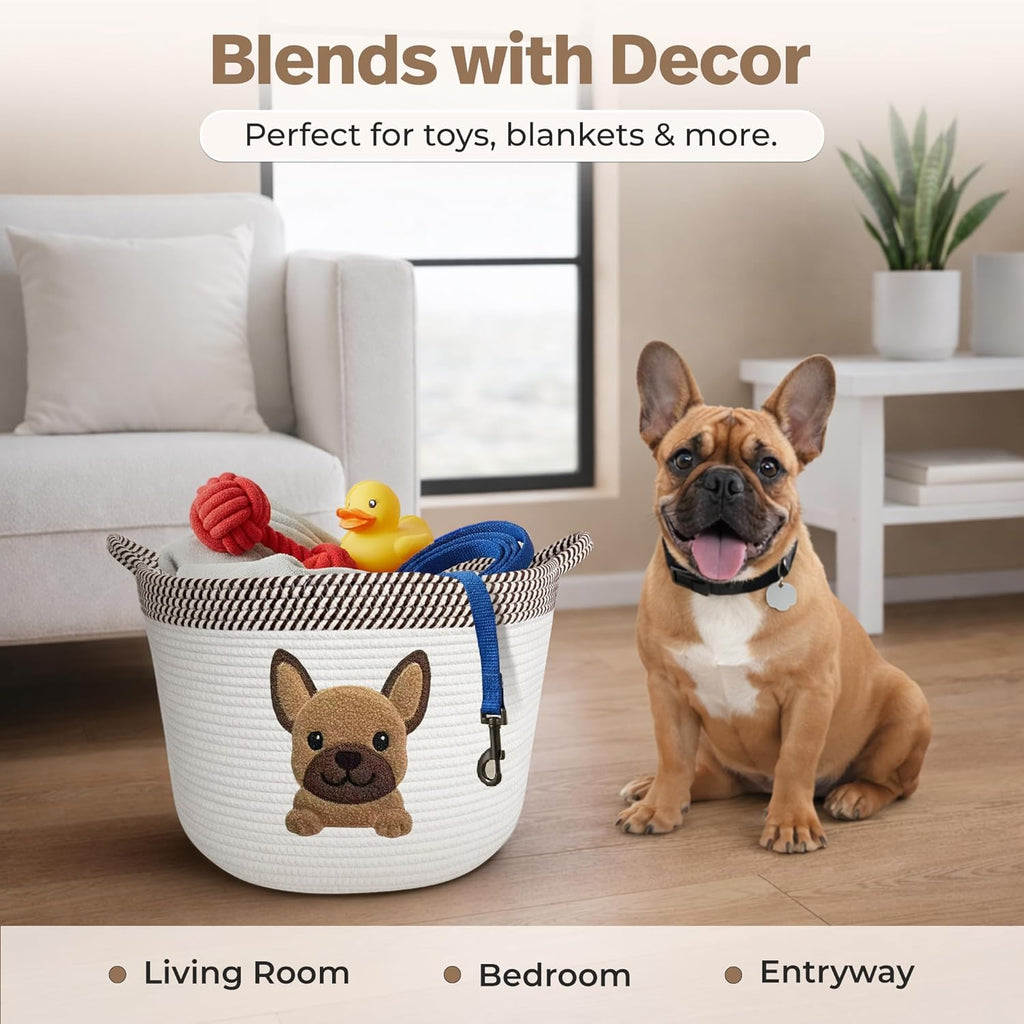 French Bulldog, Pug & Boston Terrier Dog Toy Basket, 15x11 Inch Woven Cotton Rope Storage Bin with Puppy Patch, Large Pet Organizer for Toys, Blankets, Leashes, Living Room Decor (Brown/Beige)