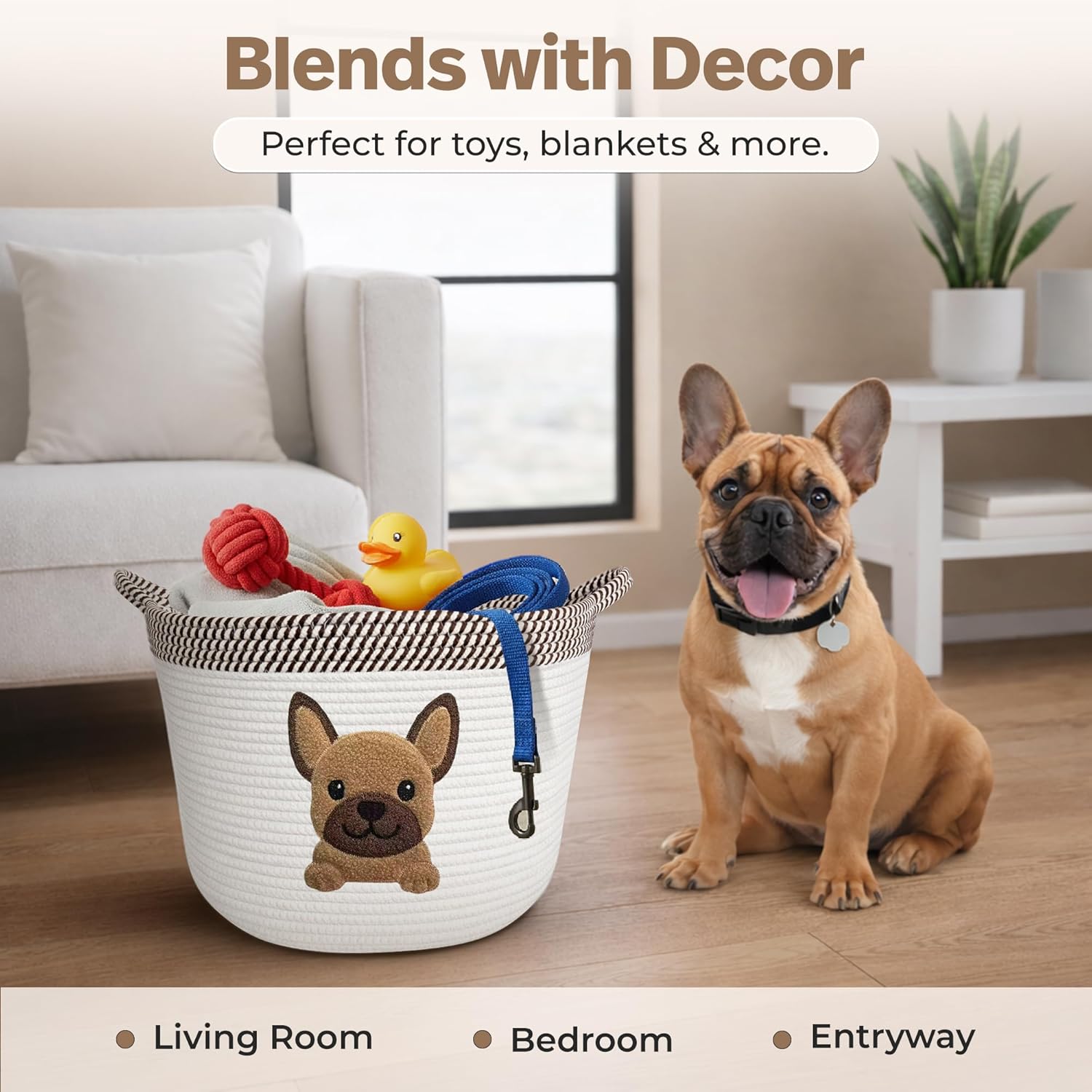 French Bulldog, Pug & Boston Terrier Dog Toy Basket, 15x11 Inch Woven Cotton Rope Storage Bin with Puppy Patch, Large Pet Organizer for Toys, Blankets, Leashes, Living Room Decor (Brown/Beige)