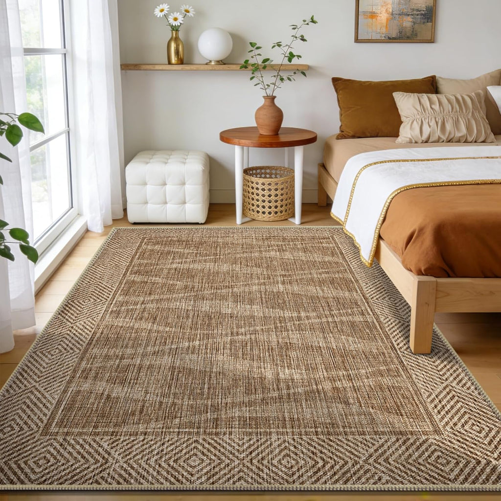 Jute Rug 5x7 Outdoor Patio Rug with Border, Washable Rugs for Living Room, Farmhouse Non Slip Area Rugs with Rubber Backing Indoor Outdoor, Non Shedding Carpet for Bedroom, Courtyard, Light Brown