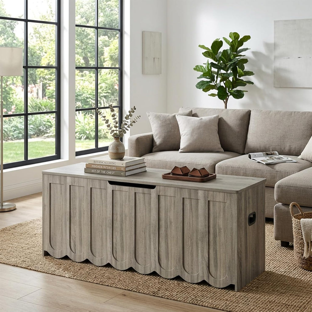 DHZ 47.2" Storage Bench, Storage Chest with Cushion Seat, 4 Swivel Wheels & 2 Safety Hinges, Wooden Entryway Bench with Storage, Large Toy Box for Entryway, Living Room, Bedroom