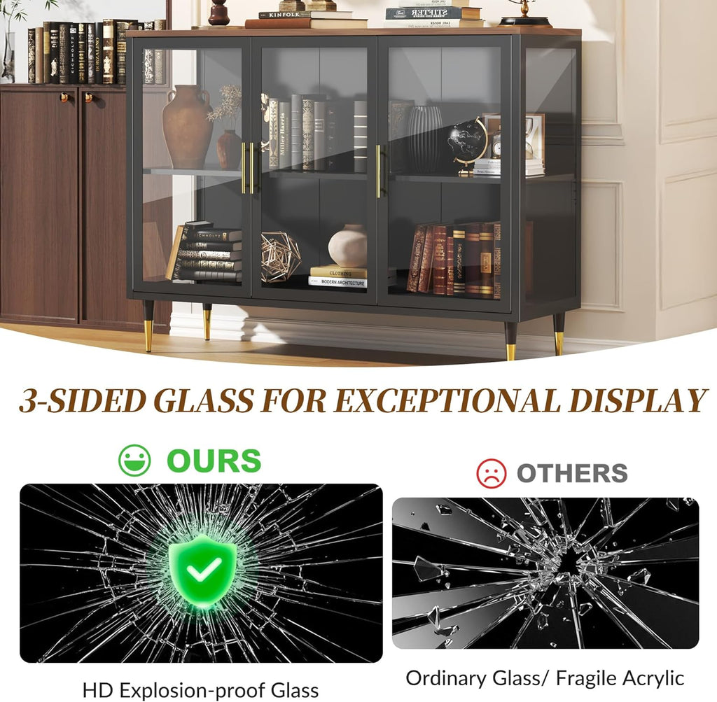 Glass Sideboard Buffet Cabinet with LED Lights, Metal & Wood Modern Storage Cabinet with 3 Glass Doors, Adjustable Shelves, Coffee Bar Cabinet for Kitchen, Entrance, Living Room, Dining Room, Black