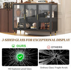 Glass Sideboard Buffet Cabinet with LED Lights, Metal & Wood Modern Storage Cabinet with 3 Glass Doors, Adjustable Shelves, Coffee Bar Cabinet for Kitchen, Entrance, Living Room, Dining Room, Black