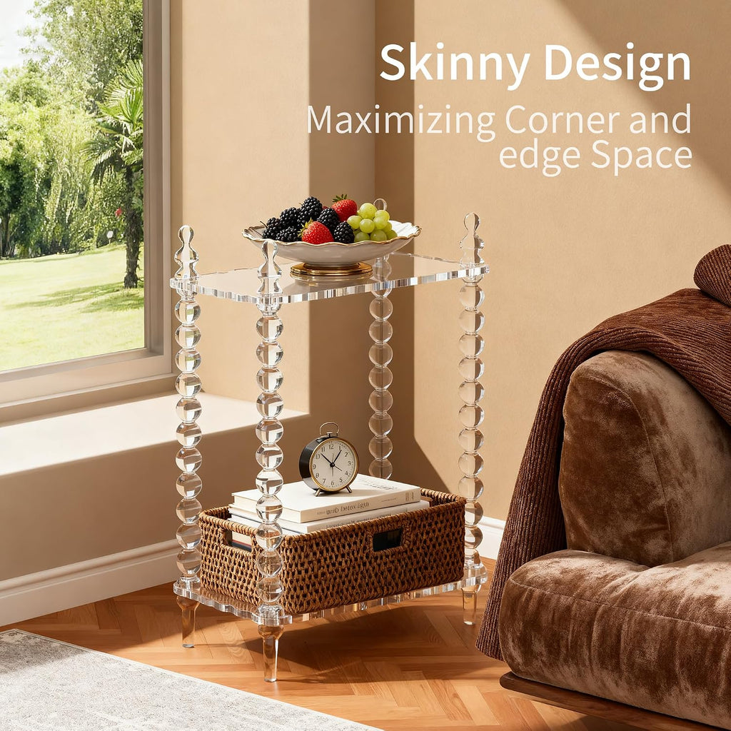 Acrylic Side Table 2-Tier, Clear Nightstand with Storage, Narrow Bedside End Table for Small Spaces (Clear, 20.7"×10.4“×25.9”)