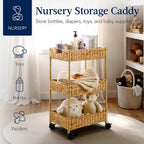 Best Choice Products 3-Tier Water Hyacinth Rolling Nursery Caddy w/Wheels, Utility Cart, Storage Organization for Bathroom, Craft Room, Laundry Room - Natural