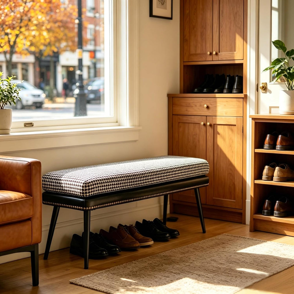 Forteek 32" Retro Upholstered Entryway Bench, Leather & Fabric Shoe Bench with Removable Cushion, End of Bed Bench for Bedroom, Small Dining Bench for Living Room, Storage Bench for Hallway & Foyer