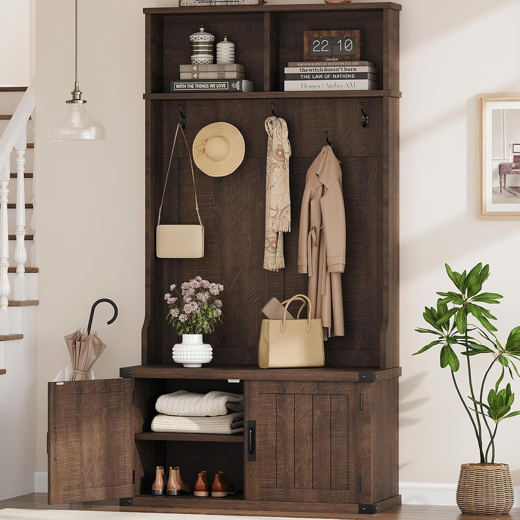 Garvee 77" H Farmhouse Hall Tree with Bench & Shoe Storage, Coat Rack | Mudroom Storage with 5 Tri-Hooks, Enclosed Cabinet, Adjustable Shelf, 2 Top Cubbies, for Entryway, Space Saving, Rustic Brown