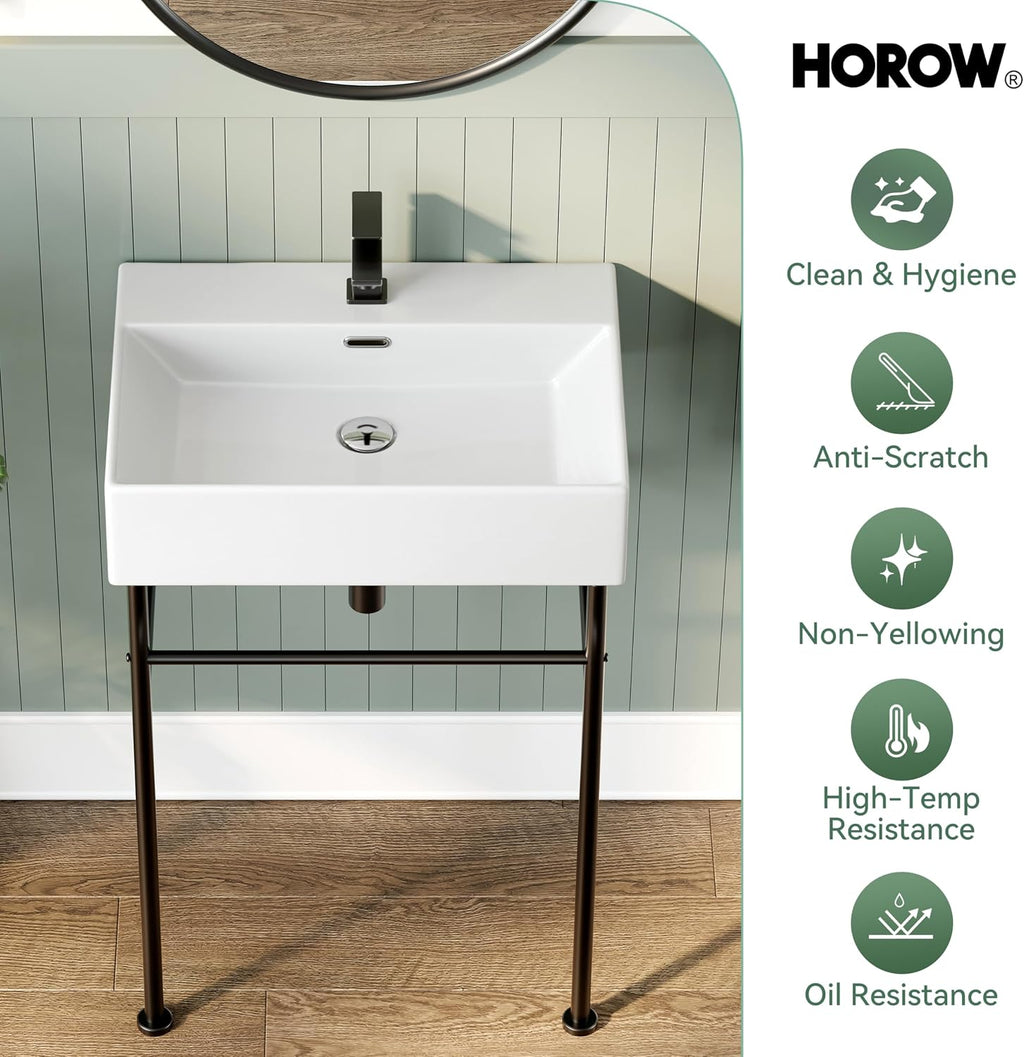 HOROW 24" x 17" Console Bathroom Sink with Stainless Steel Support Pedestal Legs, Free Standing Vanity Basin, Wall-Mount Modern Rectangular Ceramic Sink Porcelain, Matte Black